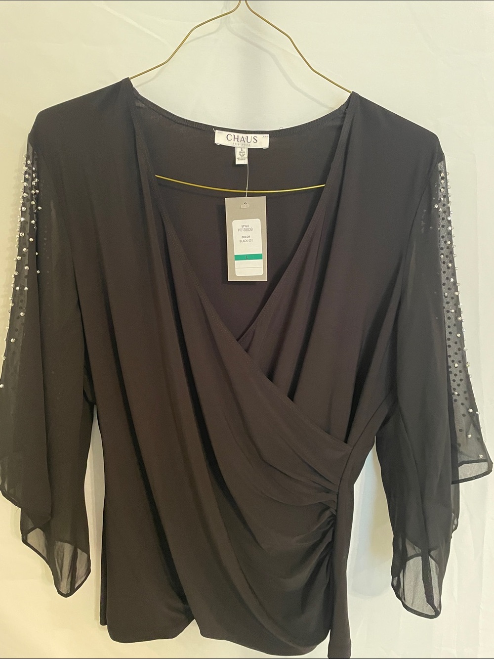 Chaus Black Wrap-Front Blouse with Beaded Sheer Sleeves